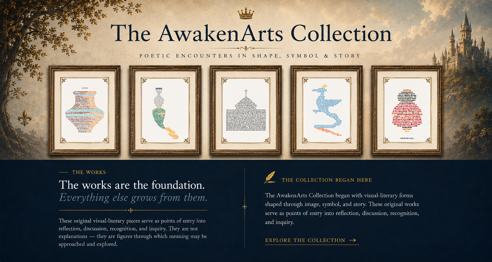 The AwakenArts Collection — poetic encounters in shape, symbol, and story — five framed visual-literary works displayed as a gallery wall