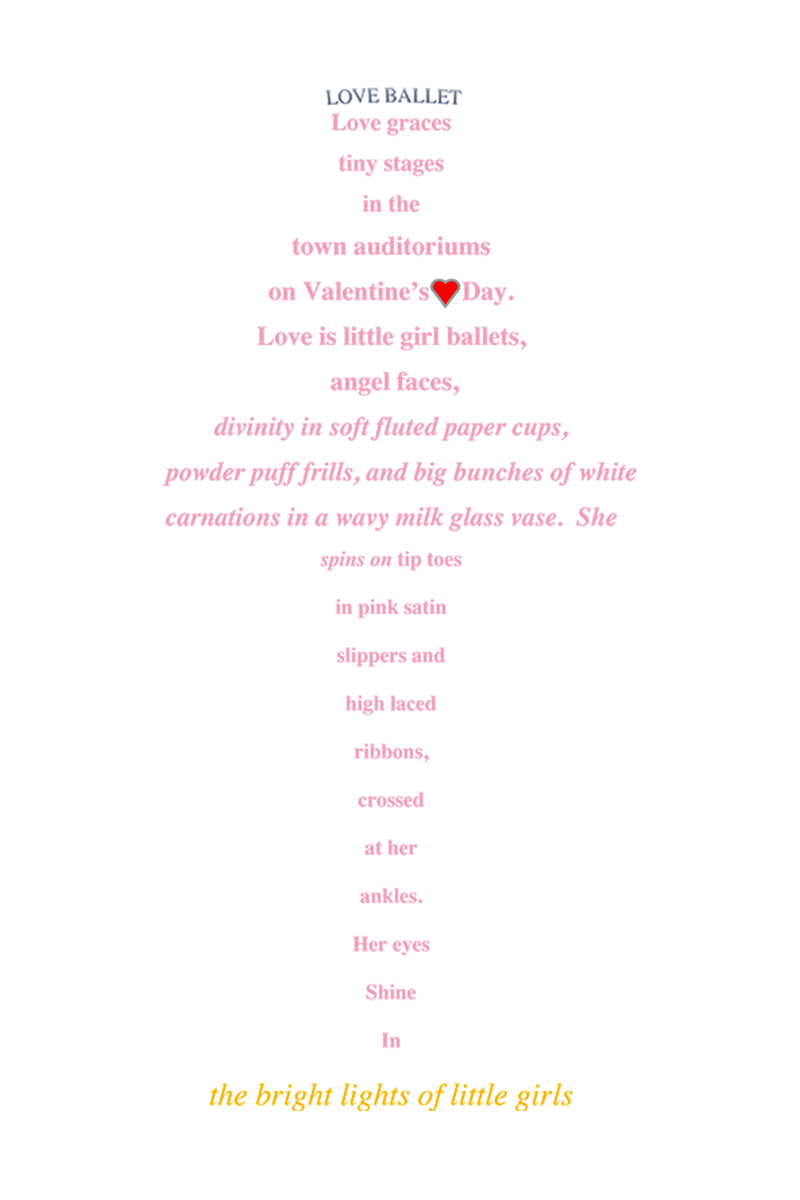 The Ballerina — shaped poem by Susan Ann Shepler. Text arranged in the form of a little girl in a tutu.