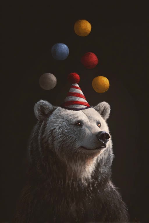 Juggling Bear — circus bear with clown hat, juggling orbs.