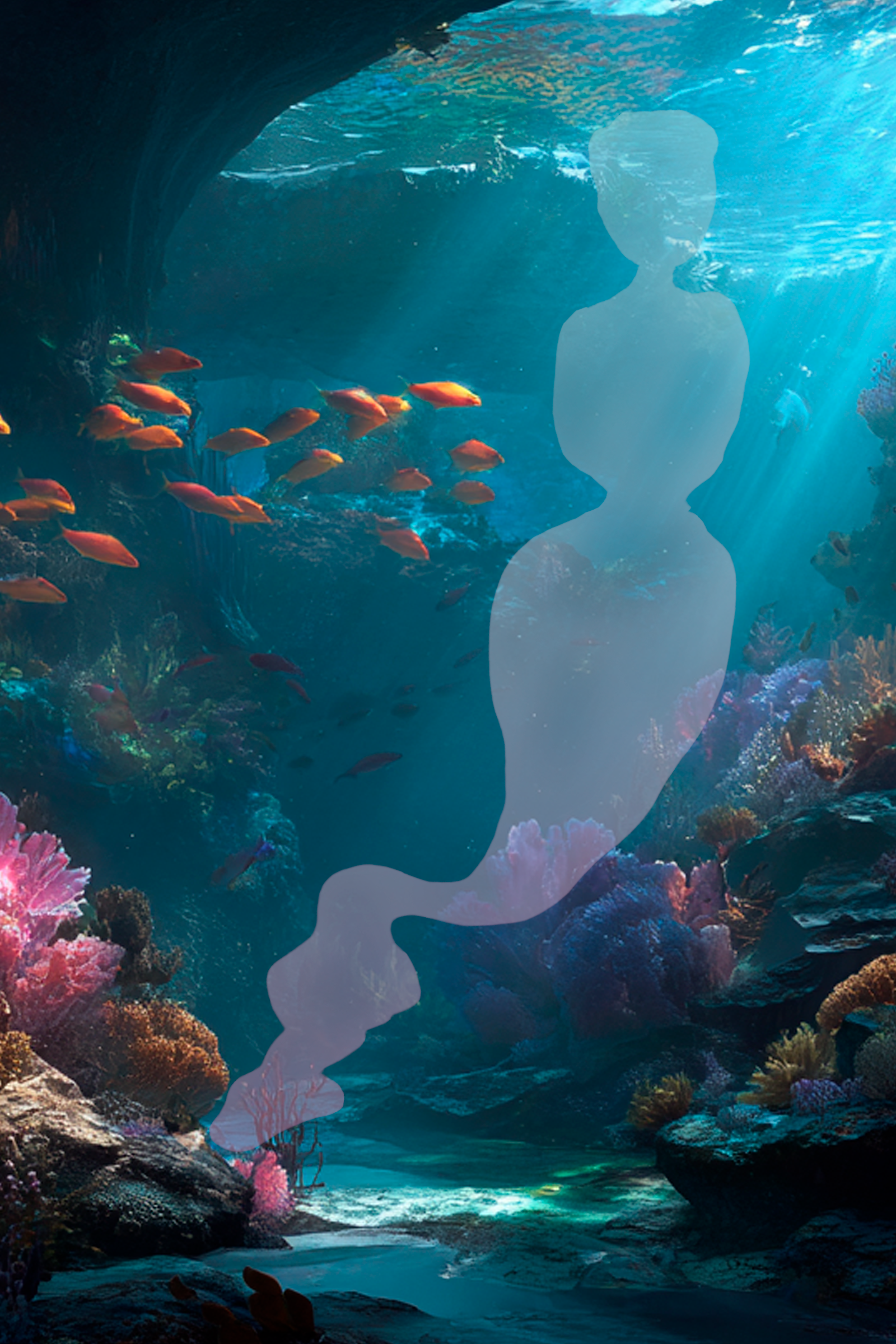 Mermaid Grismere — atmospheric still: a figure beneath the water with form-silhouette overlay.