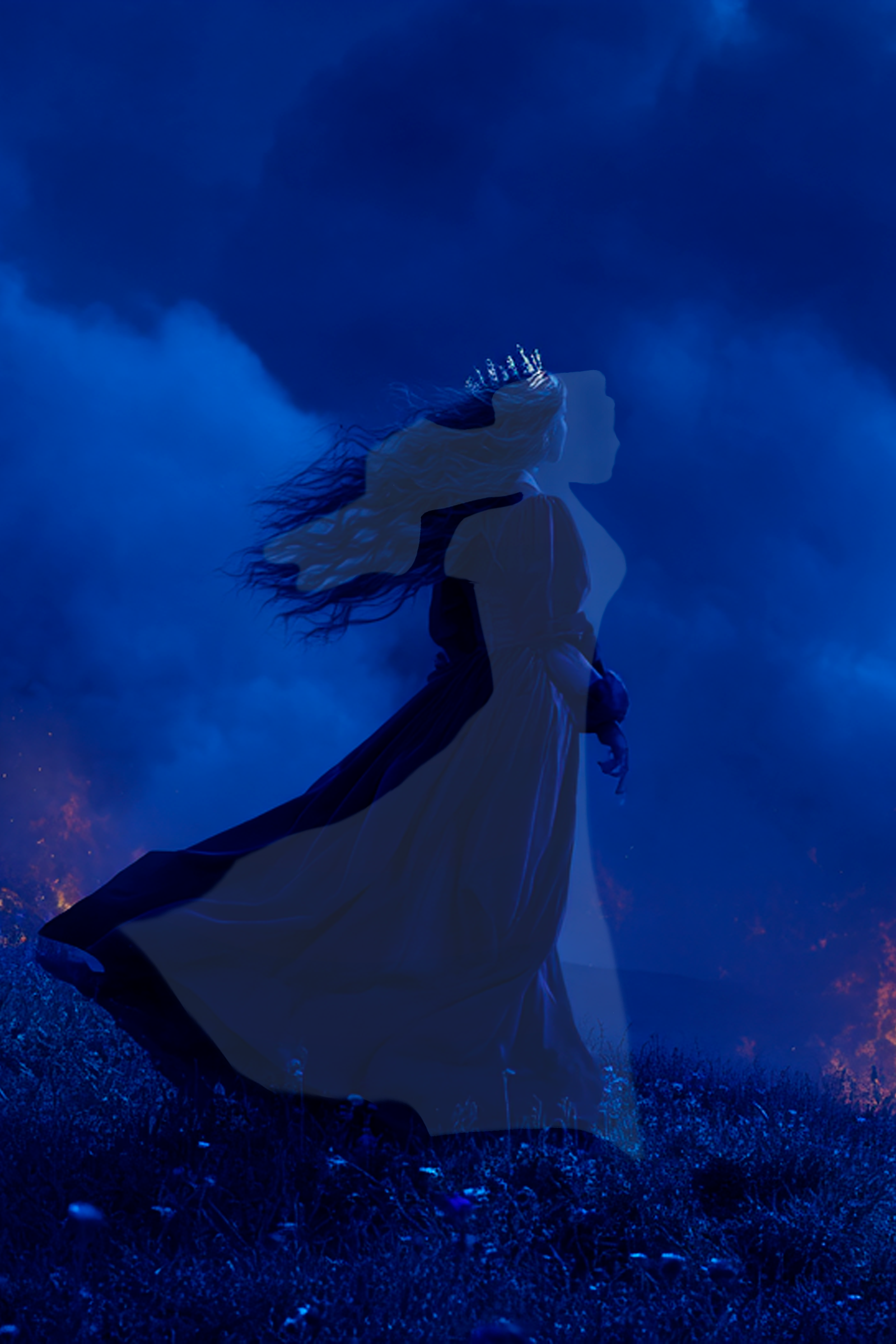Queen Ann — atmospheric still: a windswept figure with form-silhouette overlay.