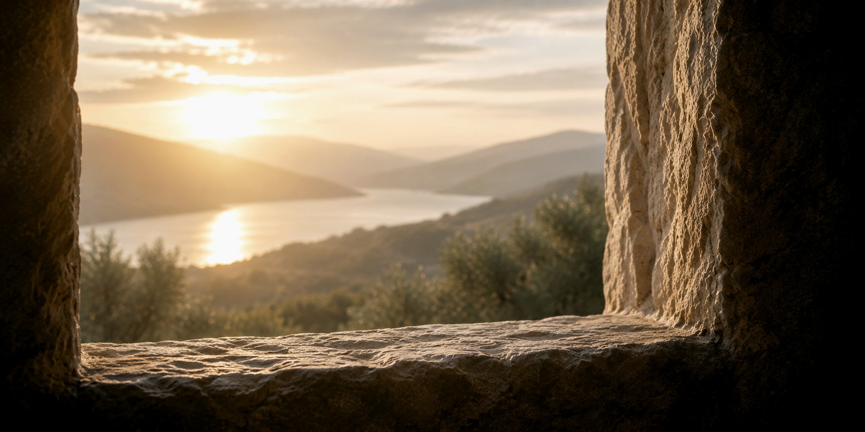 Sunrise over hills and a winding river, seen through a worn stone window — a threshold image.