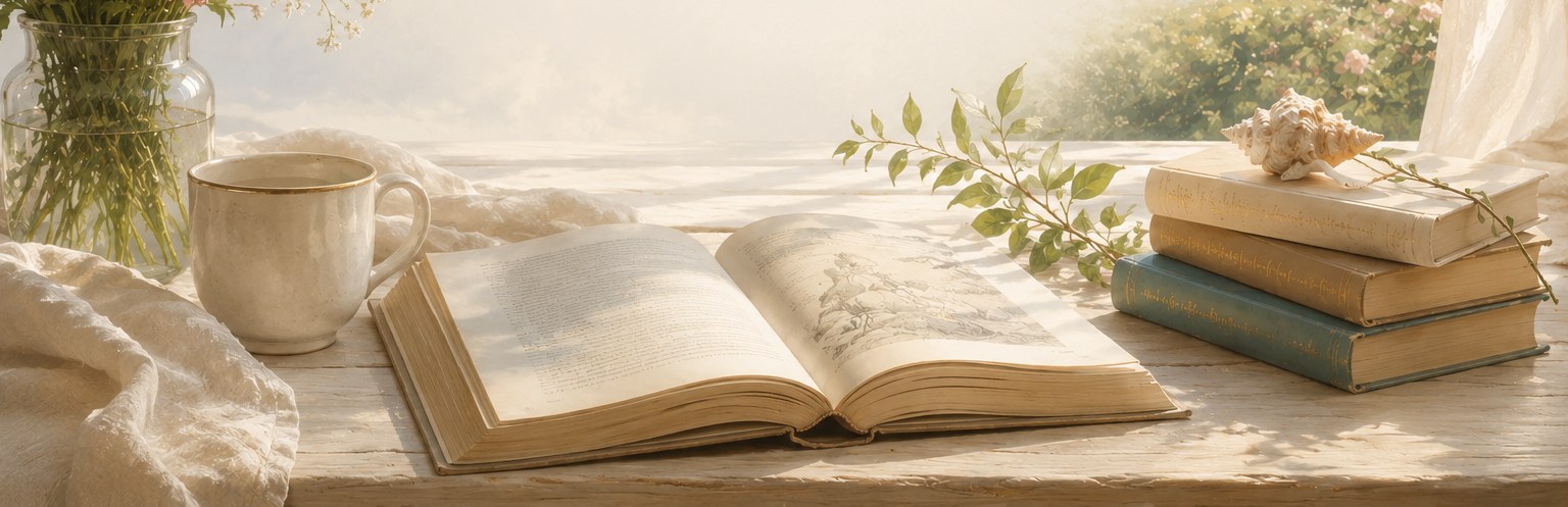 An open book, a cup, and a sprig of greenery on a sunlit windowsill table — a quiet place to read.