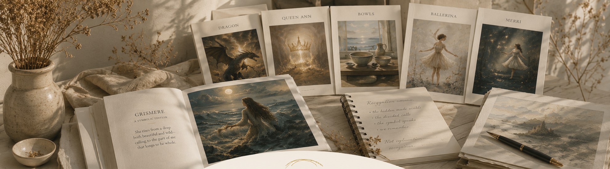 The AwakenArts figures laid out on a table: Dragon, Queen Ann, Bowls, Ballerina, and Grismere open beside a journal