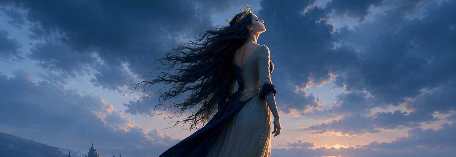 Queen Ann beneath a clouded sunset sky, crowned and windswept, with a distant castle silhouette -- an image-poem work, the kind of encounter these workshops draw from.