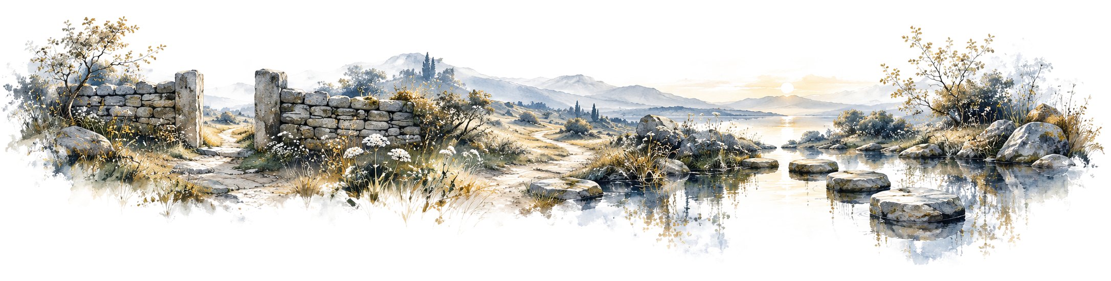 A watercolor landscape: an opening in a stone wall, paths that part, and stepping stones across still water toward the sunrise