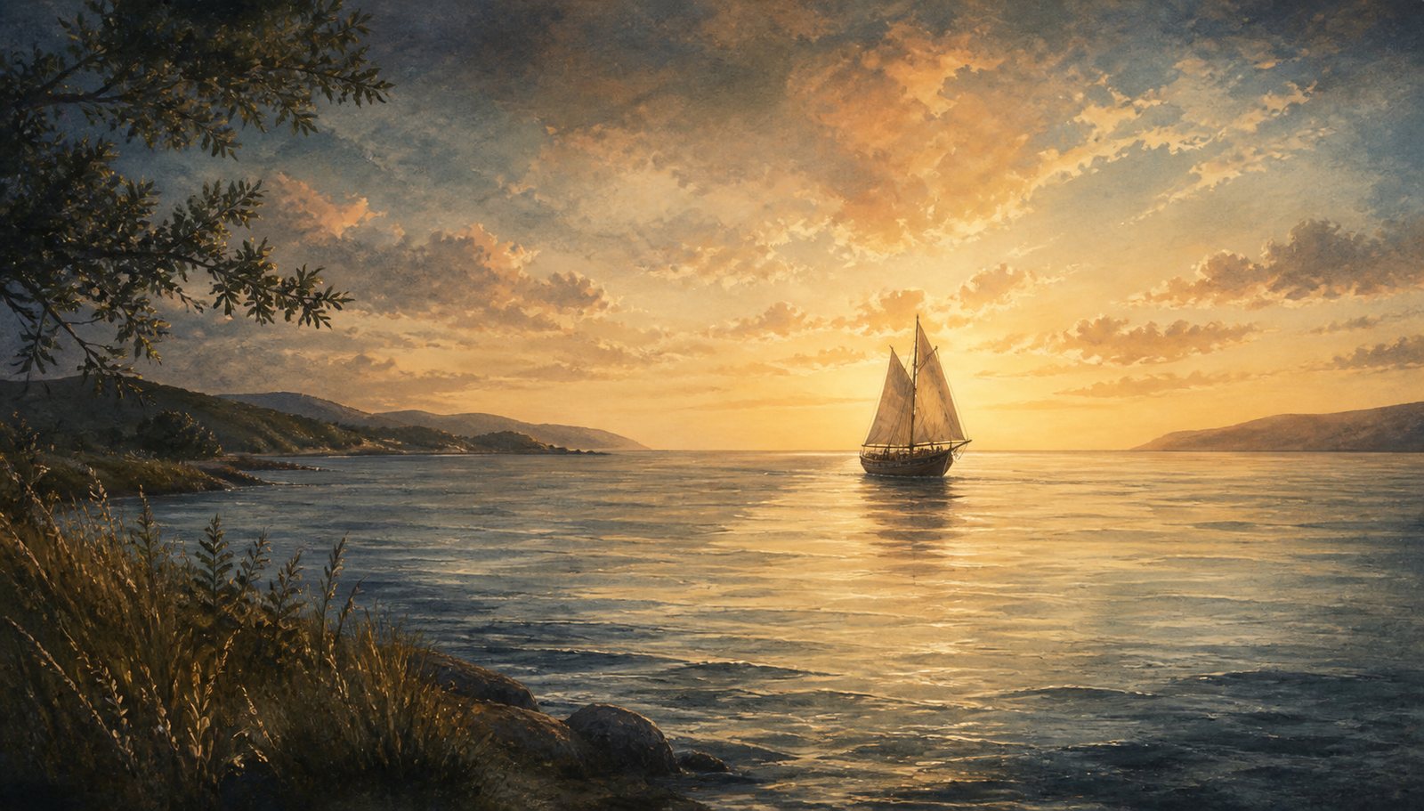 A quiet path opening onto calm water, where a sailing ship waits beneath a soft horizon -- the threshold into this section's Scripture and symbols